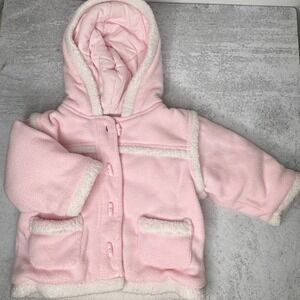 George Baby Girls Warm Fleece Hooded Jacket 6 9 Months Pink White Sherpa Trim